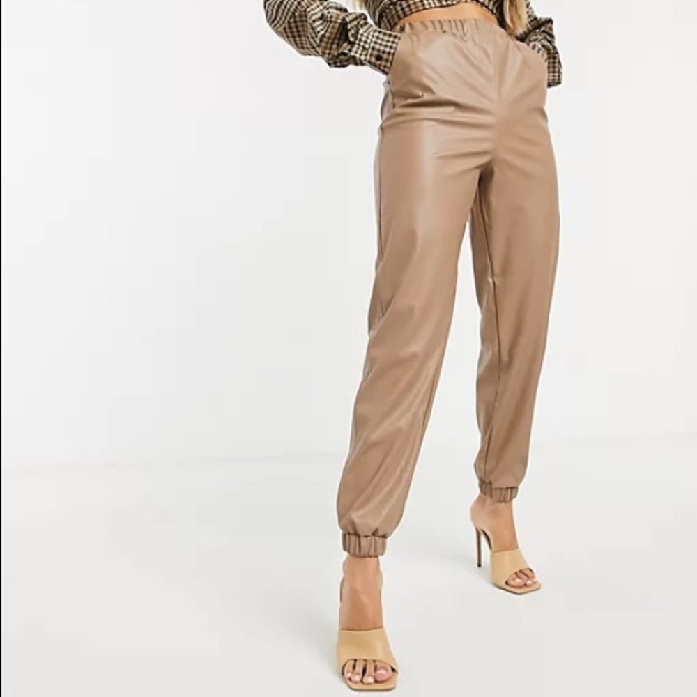 ASOS DESIGN SET jersey leather-look sweatpants and jacket in tan US 10 - Picture 3 of 11